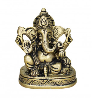 Om BhariPuri Brass Ganesh/Ganesha/Ganesh Ji/Ganpati Bappa Ashtadhatu Idol/Murti/Statue For Home Temple Puja/Pooja, Good Luck, Success And Prosperity (H X W X L :- 3 X 2.5 X 1.5 In, Weight :- 0.382 Kg)