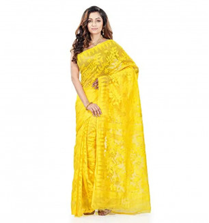 DB Desh Bidesh Women`s Bengal Handloom Tant Soft Dhakai Jamdani Cotton Saree Whole Body Design Without Blouse Piece (Yellow)