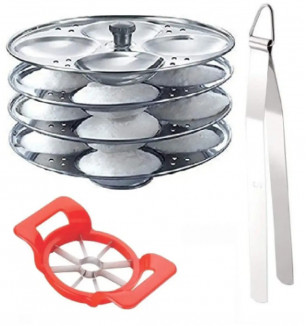 4 Plate Idli Maker Stand, Stainless Steel Cooking Tong(Chimta) With Plastic Apple Cutter