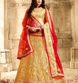 Golden Embroidered Semi Stitched Lehenga With Dupatta