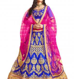 Stylish Blue Net Embroidered Lehenga Choli With Dupatta For Women