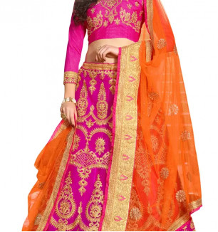 Stylish Pink Net Embroidered Lehenga Choli With Dupatta For Women