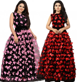 Self Design, Embellished Satin Blend, Net Semi Stitched Anarkali Combo (Pack Of 2) Gown