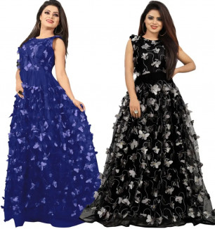 Self Design, Embellished Satin Blend, Net Semi Stitched Anarkali Combo (Pack Of 2) Gown