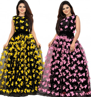 Self Design, Embellished Satin Blend, Net Semi Stitched Anarkali Combo (Pack Of 2) Gown