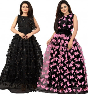 Self Design, Embellished Satin Blend, Net Semi Stitched Anarkali Combo (Pack Of  2)  Gown