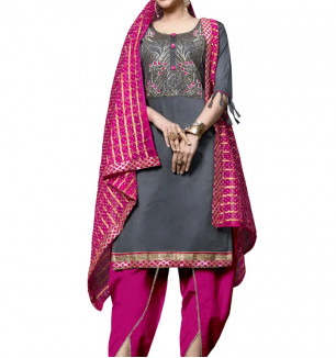 Grey Embroidered Cotton Dress Material With Dupatta