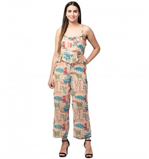 Bitsy Owl Women Girls Tie-up Shoulder Straps Printed Georgette Flared Jumpsuit