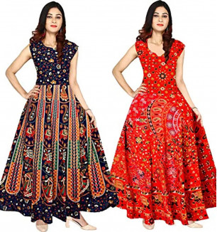 Women's One Piece Jaipuri Print Cotton Long Dress With Sleeves Attached Inside With Back Strips - Free Size Pack Of 2