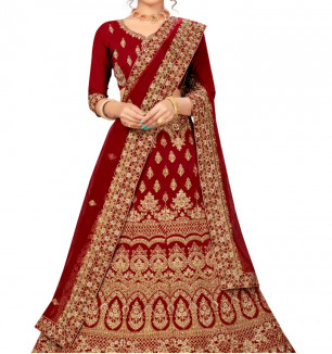 Stylish Maroon Semi-Stiched Embroidered Velvet Lehenga Choli Set