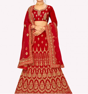 Women's Red Semi-Stitched Embroidered Velvet Lehenga Choli