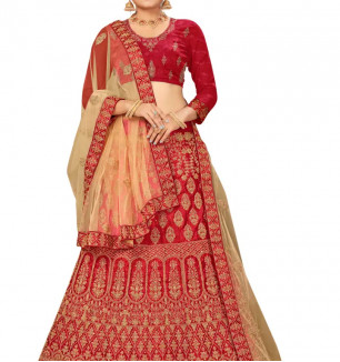 Stylish Maroon Semi-Stiched Embroidered Silk Lehenga Choli Set