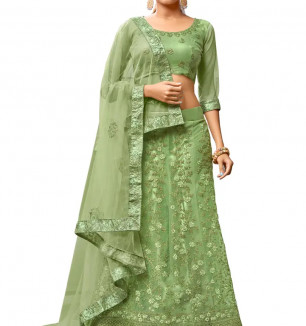 Elegant Light Green Net Embroidered Lehenga Choli With Dupatta Set For Women