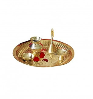 Dekor World Brass Solid Puja Thali- 6, Bowl- 2, Bell- 1.5 - Golden (Set Of 5)