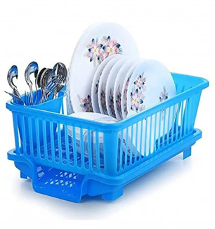 MD'S Home Kitchen 3 In 1 Plastic Sink Dish Rack Utensil Drying Rack Vessel Drainer Basket Kitchen Dish Plates Bowl Organizers Rack Cutlery Holder Washing Basket With Tray (Blue)