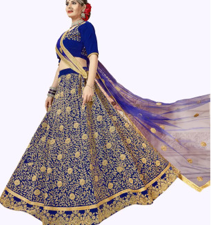 Women's Blue Embroidered Velvet Semi Stitched Lehenga Choli