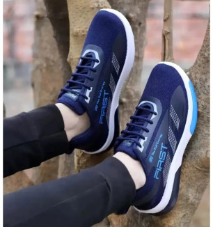 Stylish Mesh Navy Blue Solid Sports Shoes For Men