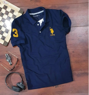 Navy Blue Polycotton Polos For Men