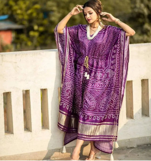 Elegant Satin Silk Purple Bandhani Print Kaftan Kurta For Women