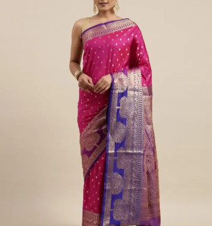 Womens Banarasi Silk Blend Saree With Blouse Piece