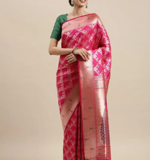 Womens Silk Blend Paithani Saree With Blouse Piece