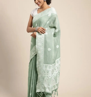 Womens Woven Design Pure Linen Saree With Blouse