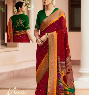 Soft Brasso Silk Saree With Beautifully Printed Paithani With Designer Blouse Pcs