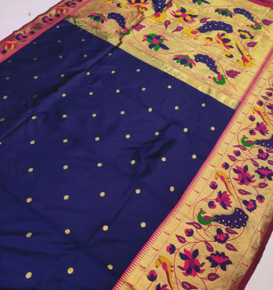 Womens Silk Blend Paithani Saree With Blouse Piece