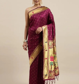 Womens Paithani Silk Saree With Unstitched Blouse Piece