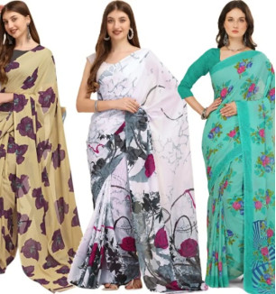 Georgette Floral Printed Multicolor Womens Saree With Blouse Piece Combo Of 3