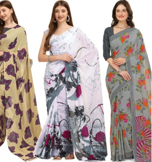 Georgette Floral Printed Multicolor Womens Saree With Blouse Piece Combo Of 3