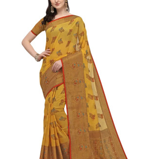 Party Wear Yellow Colour Banarasi Silk Madhubani Work Festival Saree