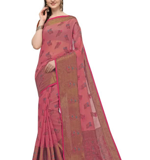 Party Wear Pink Colour Banarasi Silk Madhubani Work Festival Saree