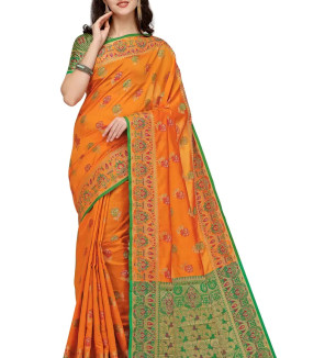 Party Wear Apricot Orange Colour Banarasi Silk Embellished Work Festival Saree