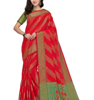 Party Wear Crimson Colour Banarasi Silk Embelished Work Festival Saree