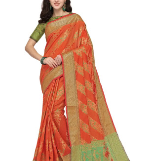 Party Wear Pumpkin Colour Banarasi Silk Embelished Work Festival Saree