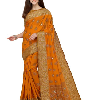 Party Wear Saffron Colour Banarasi Silk Mirror Work Festival Saree