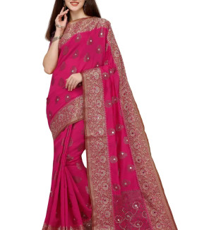 Party Wear Hot Pink Colour Banarasi Silk Mirror Work Festival Saree