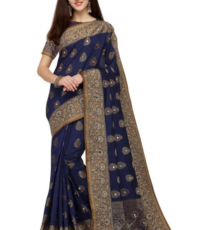 Party Wear Navy Colour Banarasi Silk Mirror Work Festival Saree