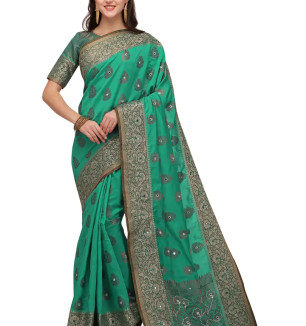 Party Wear Turquoise Colour Banarasi Silk Mirror Work Festival Saree