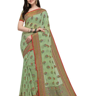 Party Wear Pista Colour Woven Silk Embelished Work Festival Saree