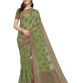 Party Wear Pista Colour Woven Silk Embelished Work Festival Saree