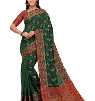 Party Wear Bottle Green Colour Banarasi Silk Embellished Work Festival Saree