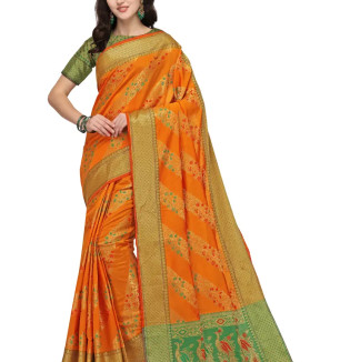 Party Wear Apricot Orange Colour Banarasi Silk Embelished Work Festival Saree