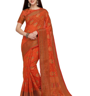 Party Wear Pumpkin Colour Banarasi Silk Embelished Work Festival Saree