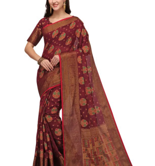 Party Wear Maroon Colour Banarasi Silk Embelished Work Festival Saree