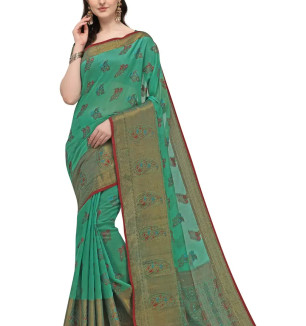 Party Wear Teal Colour Banarasi Silk Madhubani Work Festival Saree