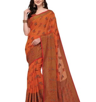 Party Wear Orange Colour Banarasi Silk Madhubani Work Festival Saree