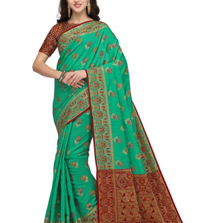 Party Wear Sea Green Colour Banarasi Silk Embellished Work Festival Saree