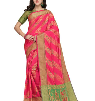 Party Wear Hot Pink Colour Banarasi Silk Embelished Work Festival Saree